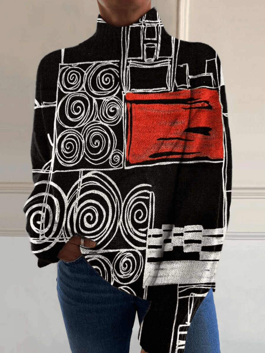 Abstract Circle Color Block Art Print Knit Turtleneck Pullover Sweater - Mijn winkel