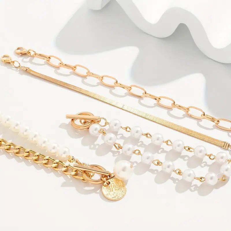 Chic Gold 4 - Piece Bracelet Set – Snake, Pearls & Links | Gold - Mijn winkel