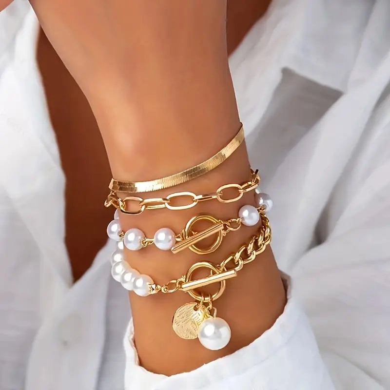 Chic Gold 4 - Piece Bracelet Set – Snake, Pearls & Links | Gold - Mijn winkel