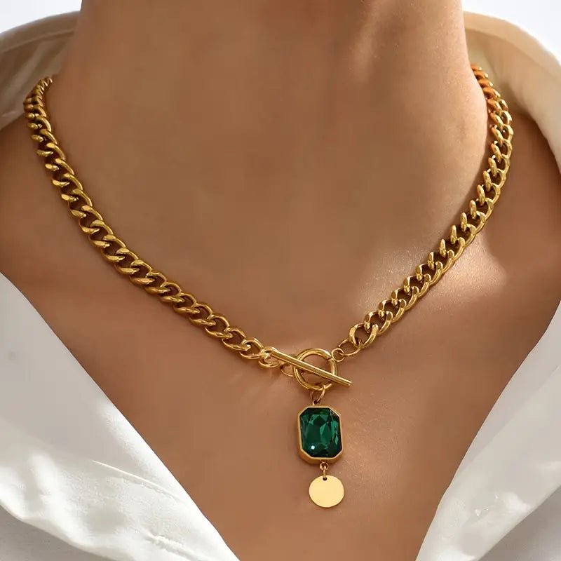 Chunky Chain Emerald Pendant Necklace | Gold - Mijn winkel