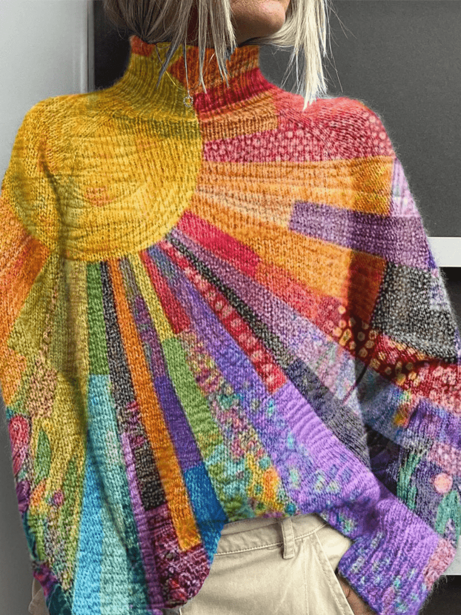 Colorful Sun Collage Print Knit Turtleneck Pullover Sweater - Mijn winkel