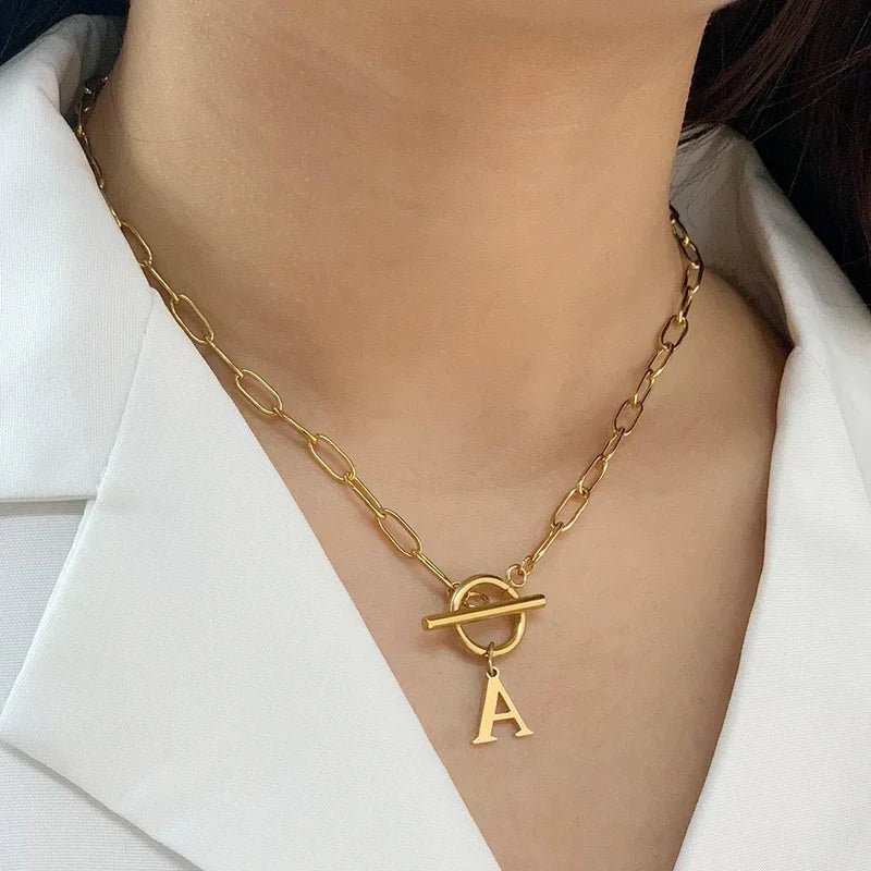 Paperclip Chain Initial & Circle Lock Necklace | Gold - Mijn winkel