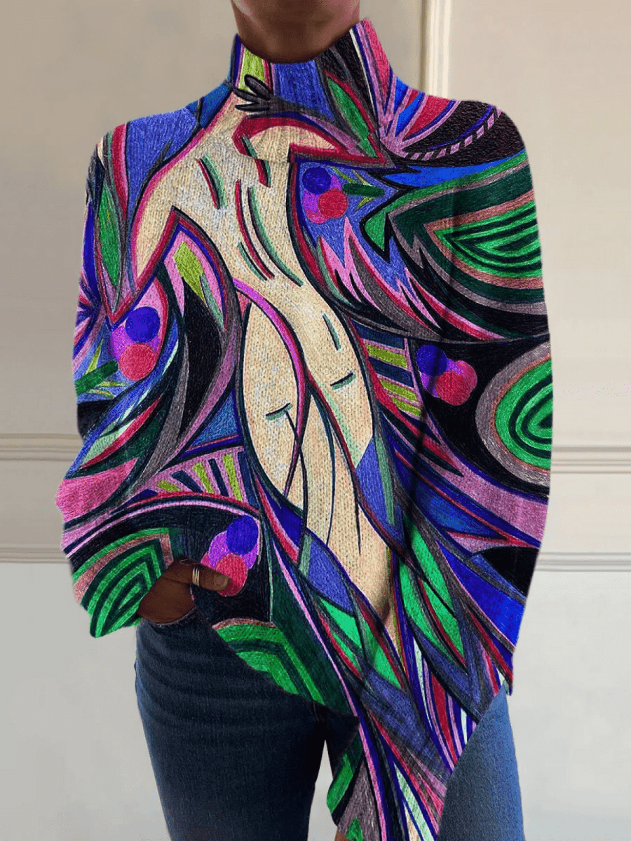 Retro Abstract White Nude Back Art Print Knit Turtleneck Pullover Sweater - Mijn winkel