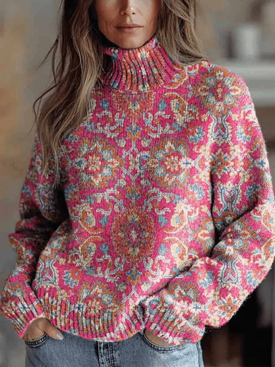 Retro Ethnic Floral Knit Turtleneck - Mijn winkel