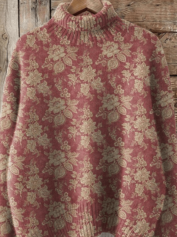 Retro Rose Print Knit Turtleneck Sweater - Mijn winkel