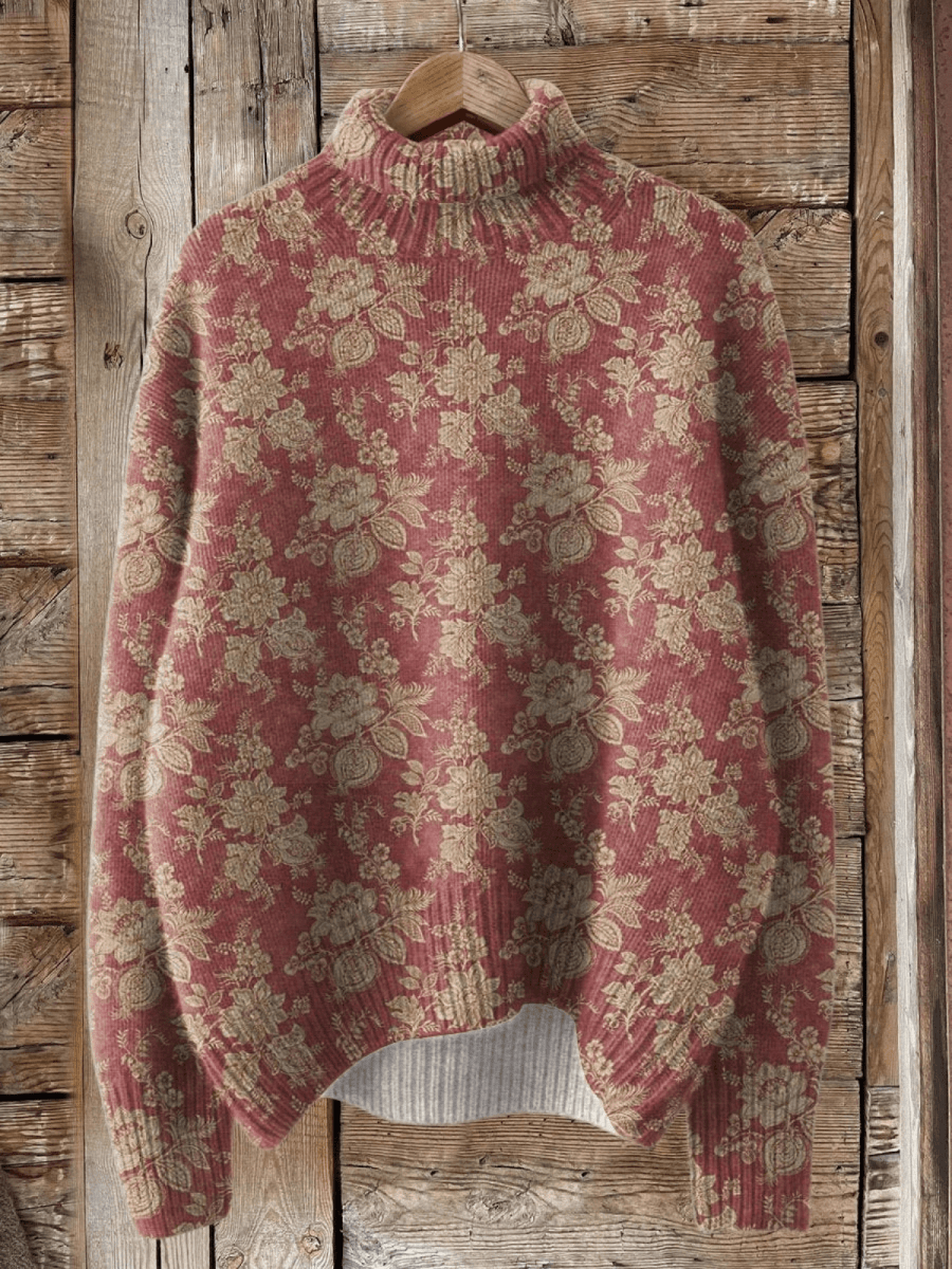 Retro Rose Print Knit Turtleneck Sweater - Mijn winkel