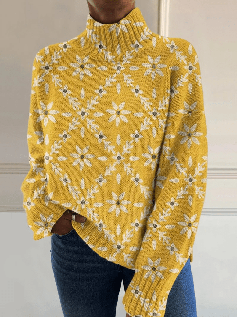 Vintage Color Block Floral Art Print Knit Turtleneck Pullover Sweater - Mijn winkel