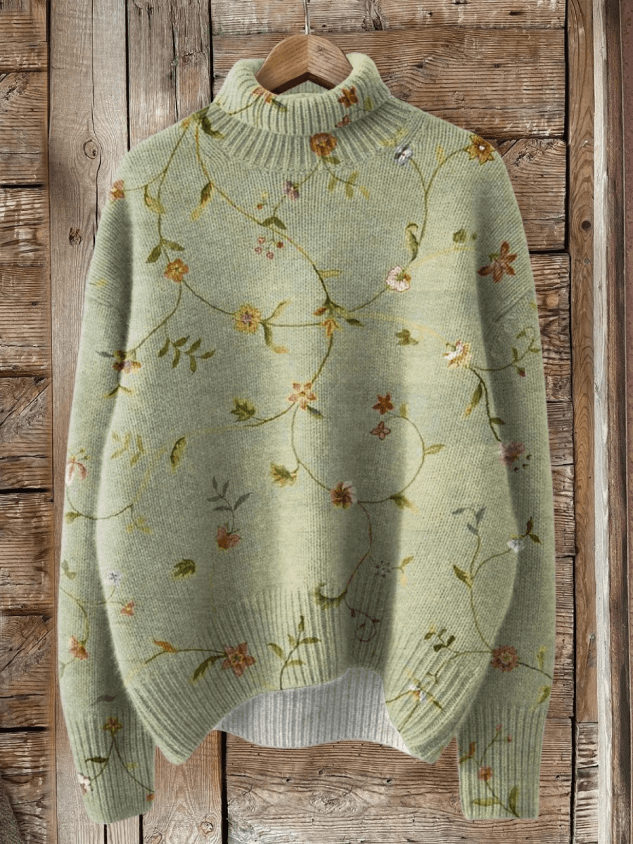 Vintage Lovely Floral Art Print Knit Turtleneck Pullover Sweater - Mijn winkel