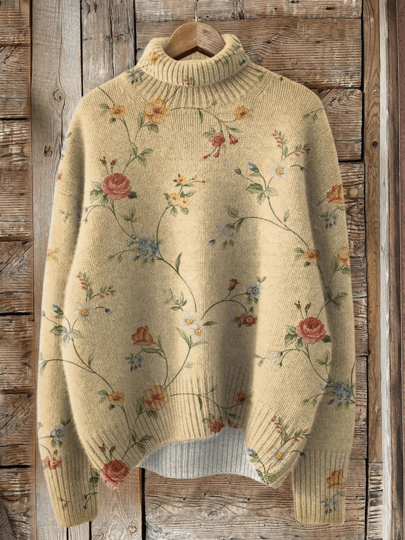 Vintage Lovely Floral Art Print Knit Turtleneck Pullover Sweater - Mijn winkel