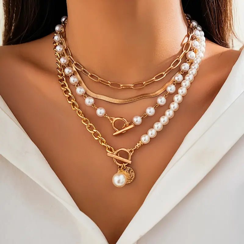 Vintage Pearl & Gold Snake Chain Necklace Set | Gold - Mijn winkel