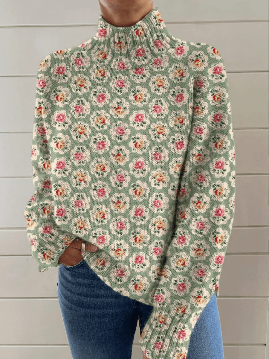 Women's Lovely Floral Art Print Knit Turtleneck Pullover Sweater - Mijn winkel